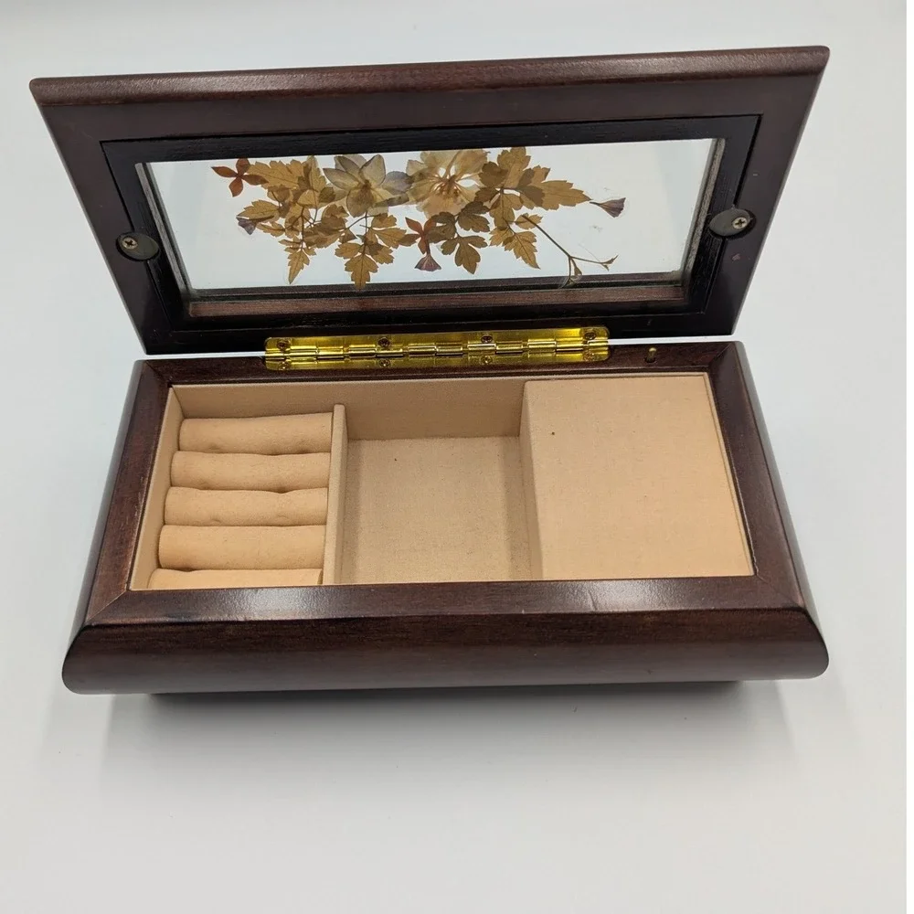 Vintage Wood Music Jewelry Box Brown Dried Flower Glass Inset Brass Feet Works